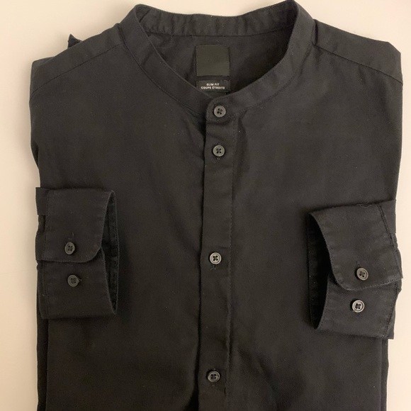 slim fit collarless dress shirt